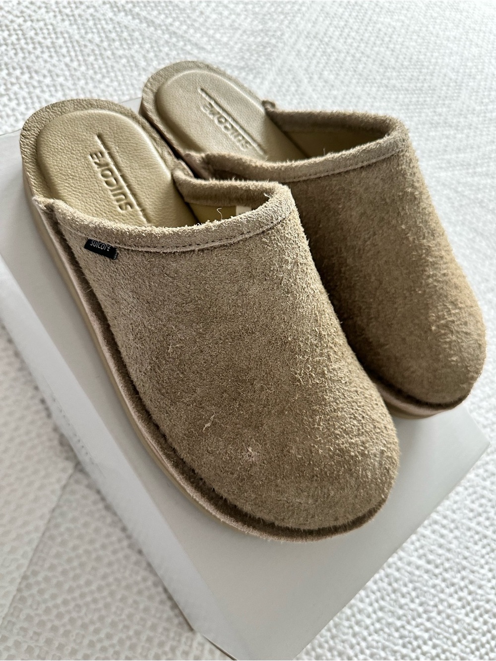 Suicoke Suede Slip-On Mule in Tan Beige